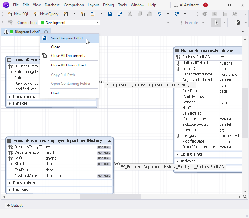 Saving a database diagram from the diagram tab context menu