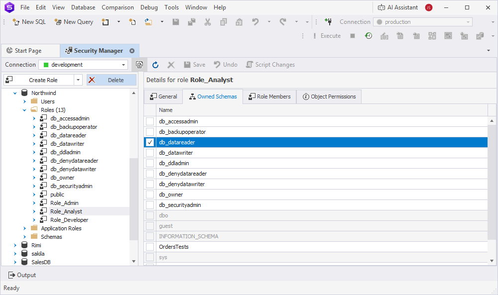 Create a database role in Security Manager