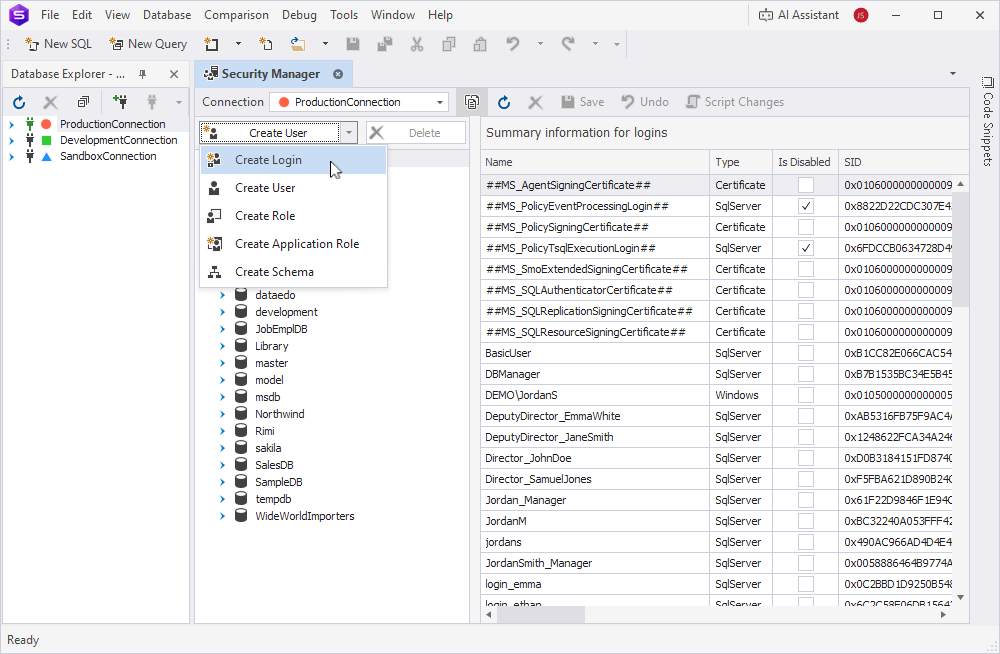 The Create Login option highlighted in the Security Manager window