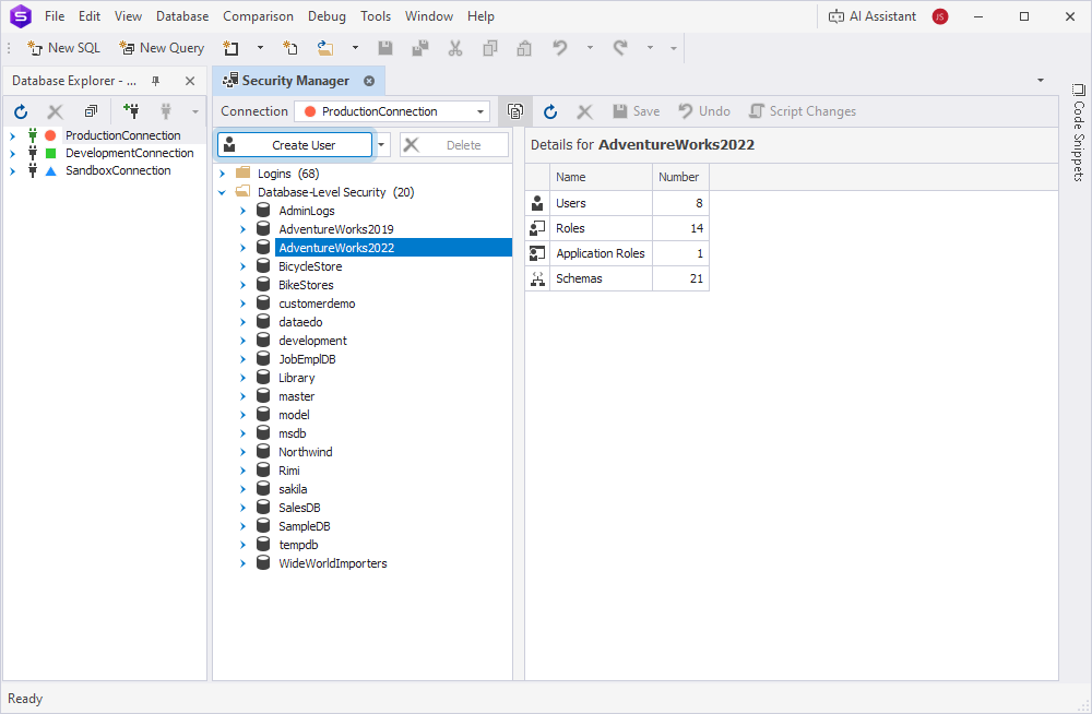 The Create User button highlighted in the Security Manager window