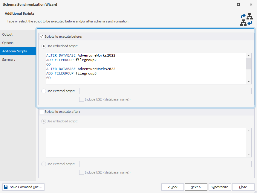 Insert scripts to be used before schema synchronization