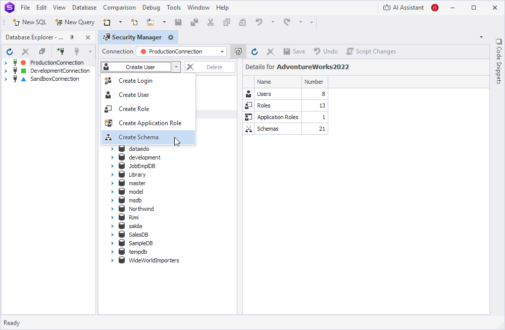 The Create Schema option highlighted in the Security Manager window
