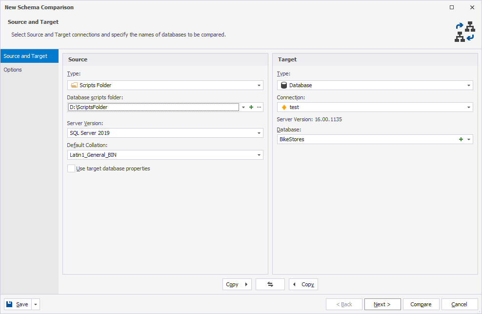 Create a scripts folder from the Schema Comparison wizard