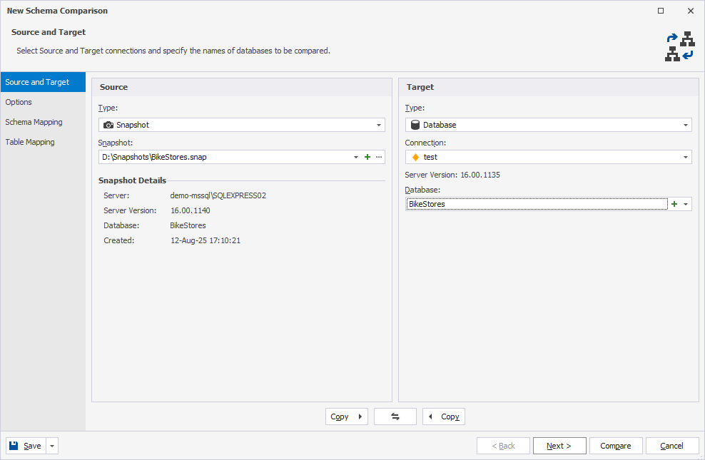 Create a snapshot from the Schema Comparison wizard