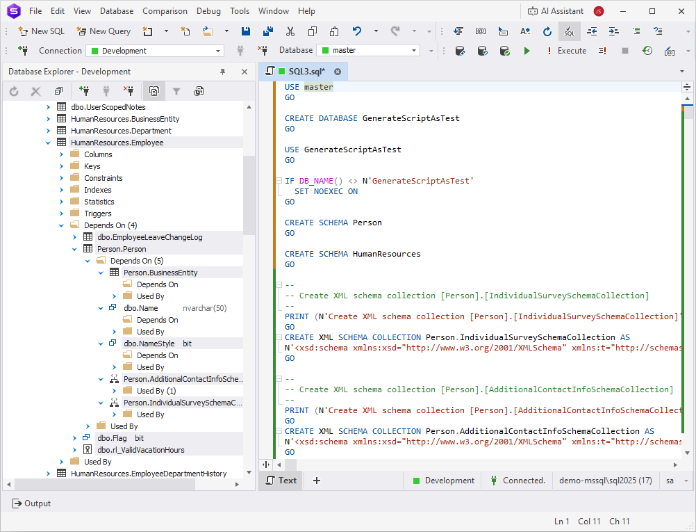 Execute the script to create a test database, required schemas, and a table with object dependencies