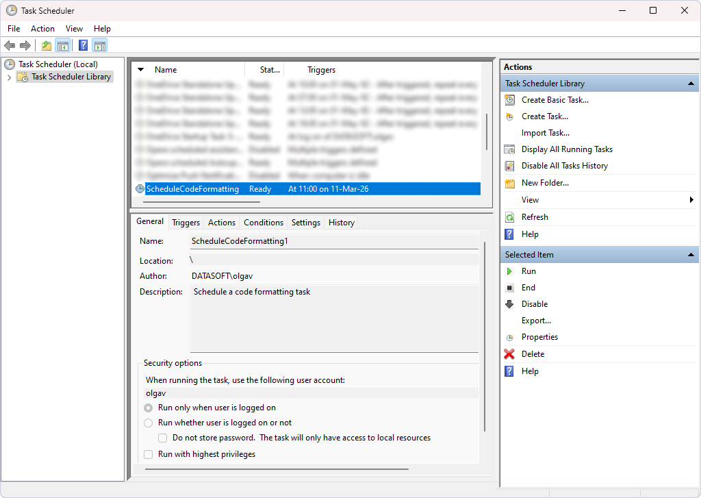 The task appears in the Task Scheduler Library