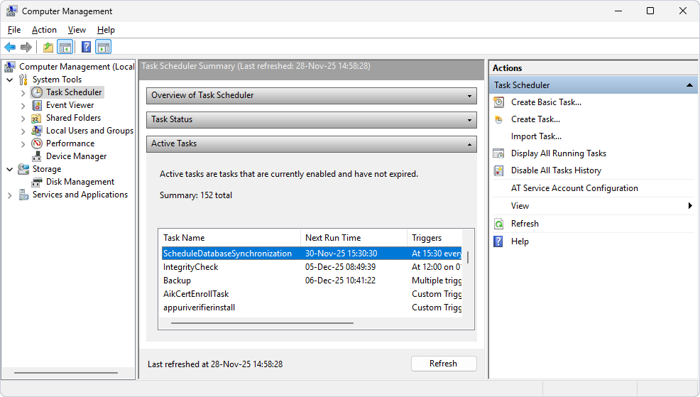 The created task appears in Windows Task Scheduler