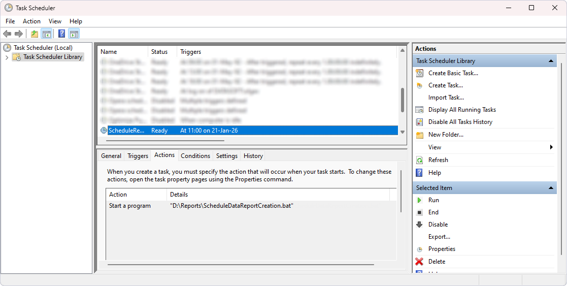 The task appears in the Active Tasks pane of Windows Task Scheduler.