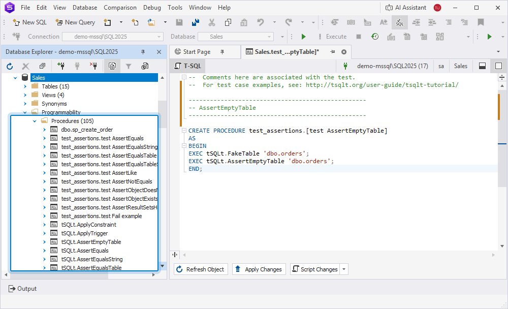 View the created unit tests in the Procedures node