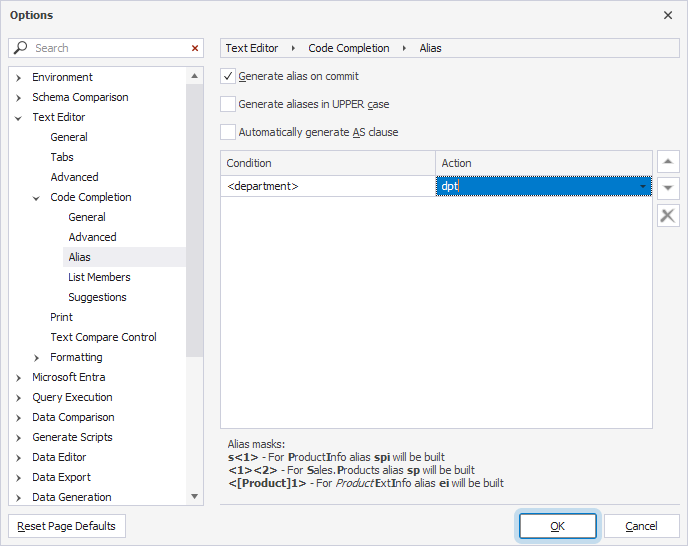 Adding a custom alias in Options