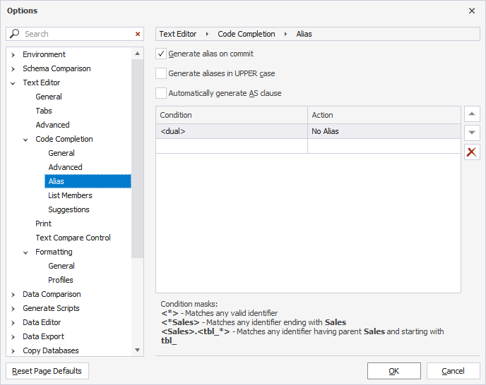 Open the Options dialog to customize or create an alias