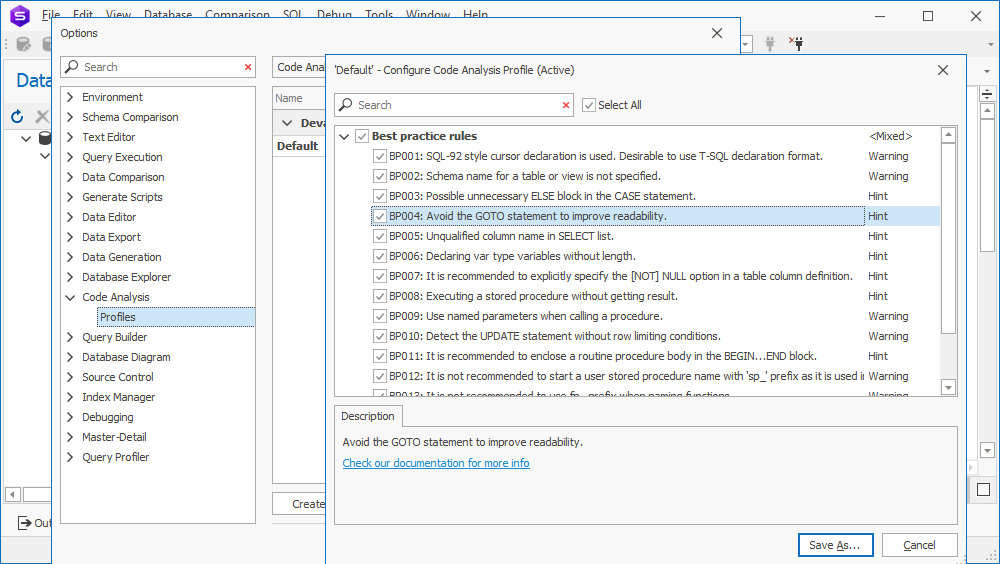 Customize code analysis rules in T-SQL Analyzer