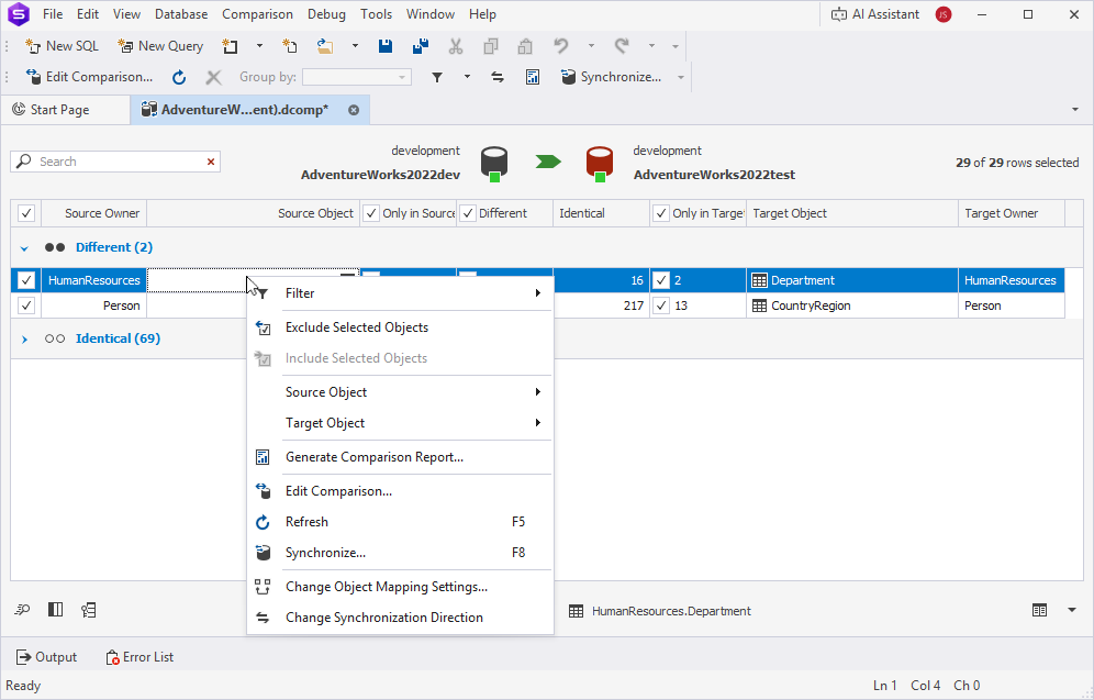 Data comparison results grid shortcut menu