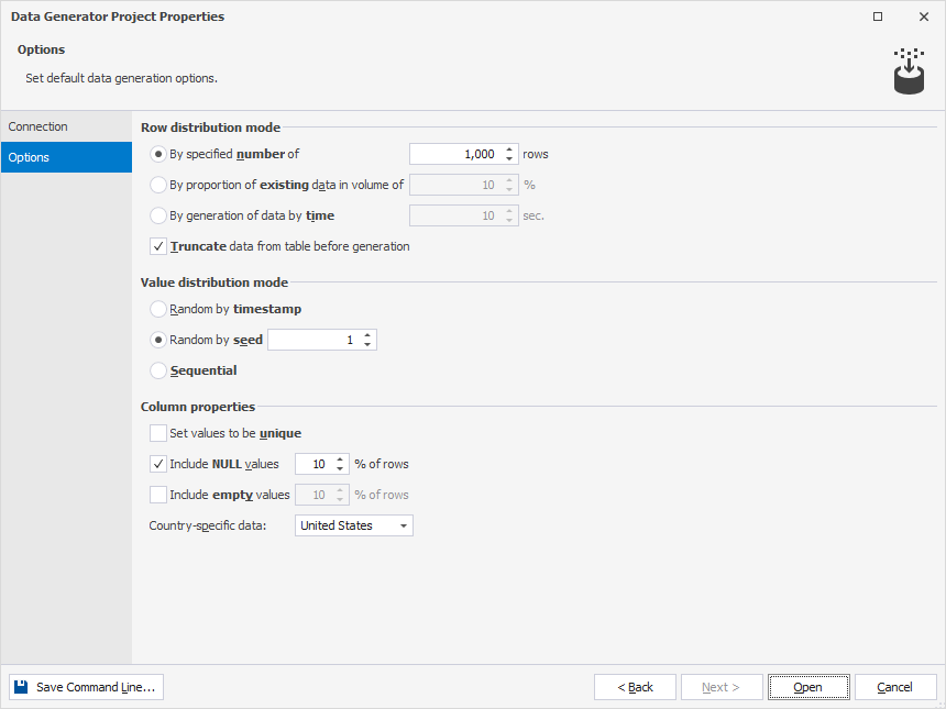 Set data generation options