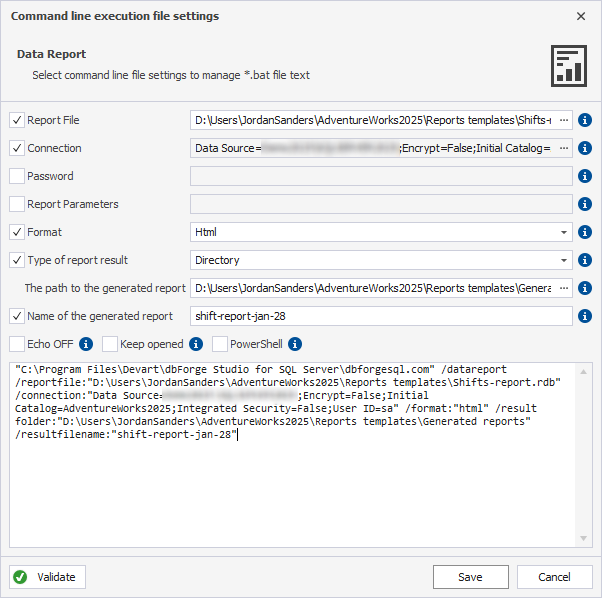 Command line execution file settings dialog