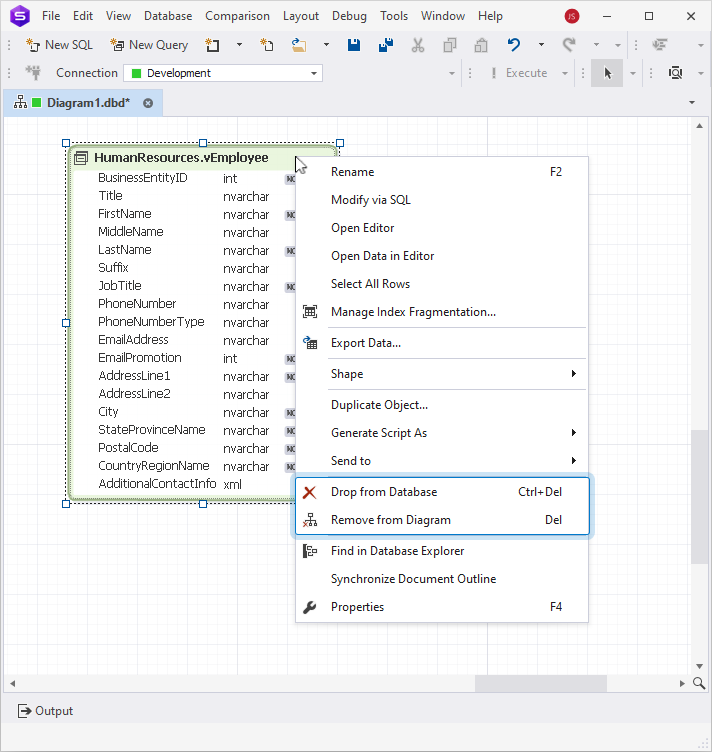 Shortcut menu opened on a database object in a diagram, showing available options including the Remove from Diagram and Drop from Database options