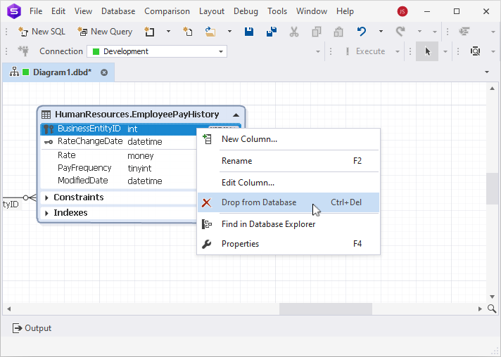 Shortcut menu opened on a column in a database object, showing available options including the Drop from Database option