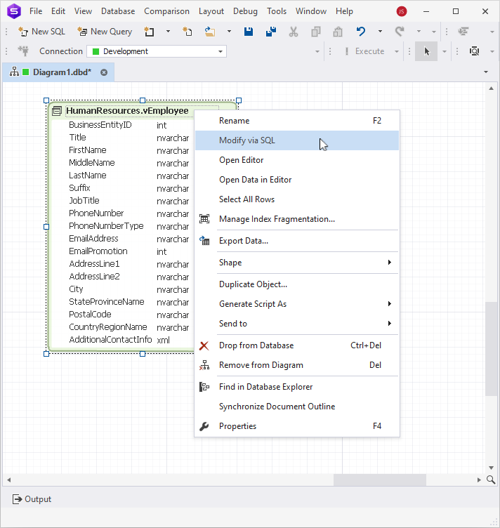 Shortcut menu opened on a database object in a diagram, showing available options including the Modify via SQL option
