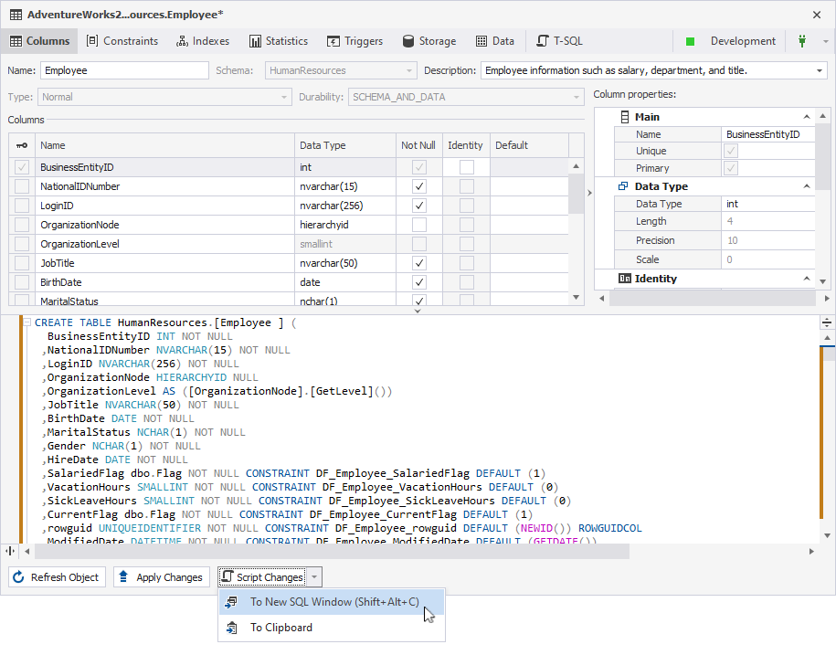 The Script Changes button in the table editor