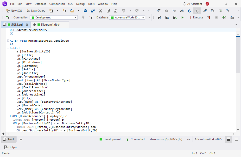 An SQL document with an ALTER statement for modifying an object using the Modify via SQL option