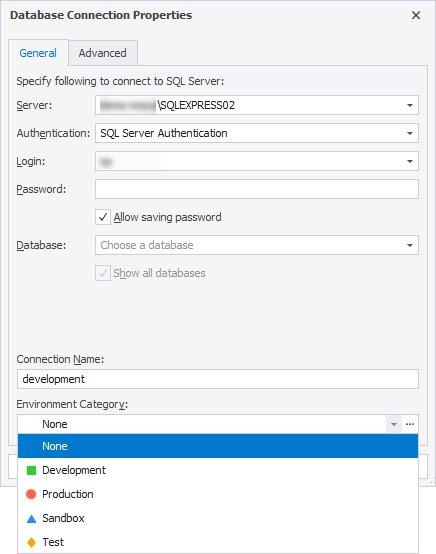 Choose server properties in the Database Connection Properties dialog