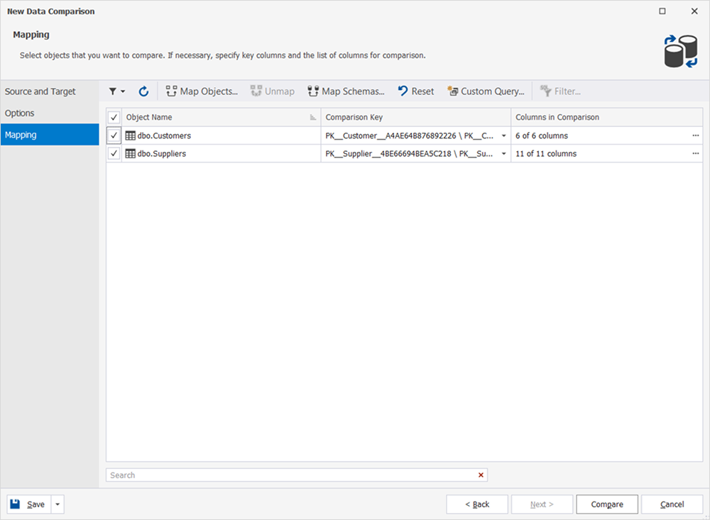 Data comparison settings