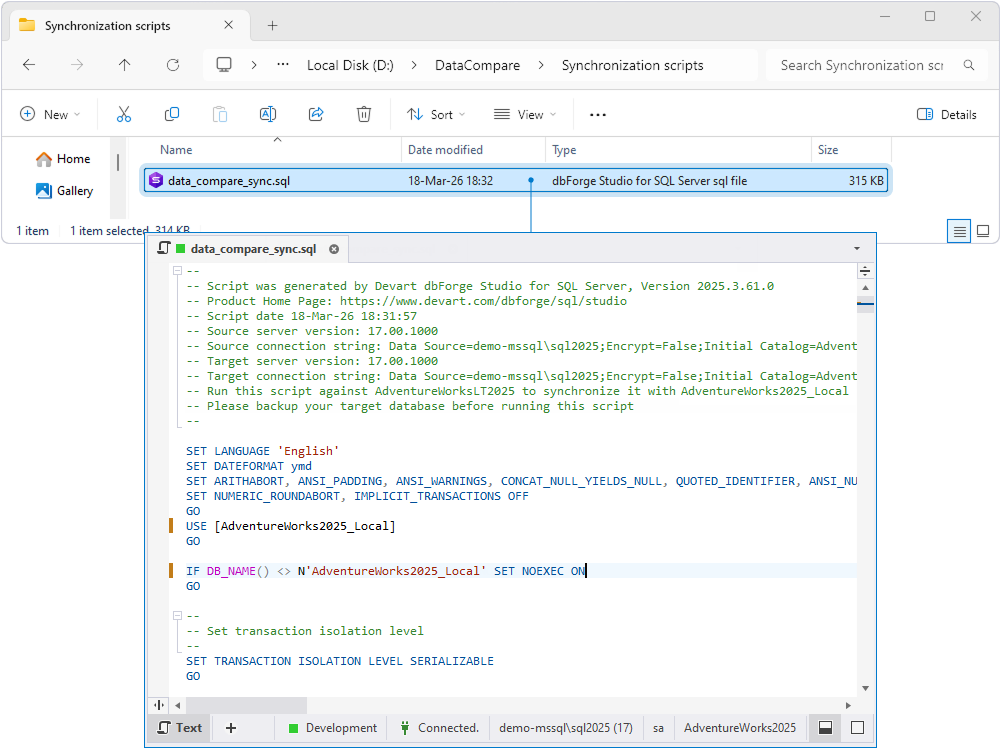Generated SQL synchronization script showing updated USE statement and DB_NAME() check with the new target database name