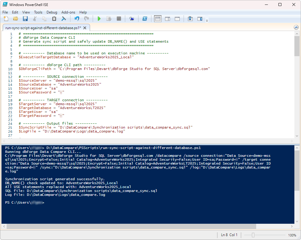PowerShell ISE window showing a script file open and executed