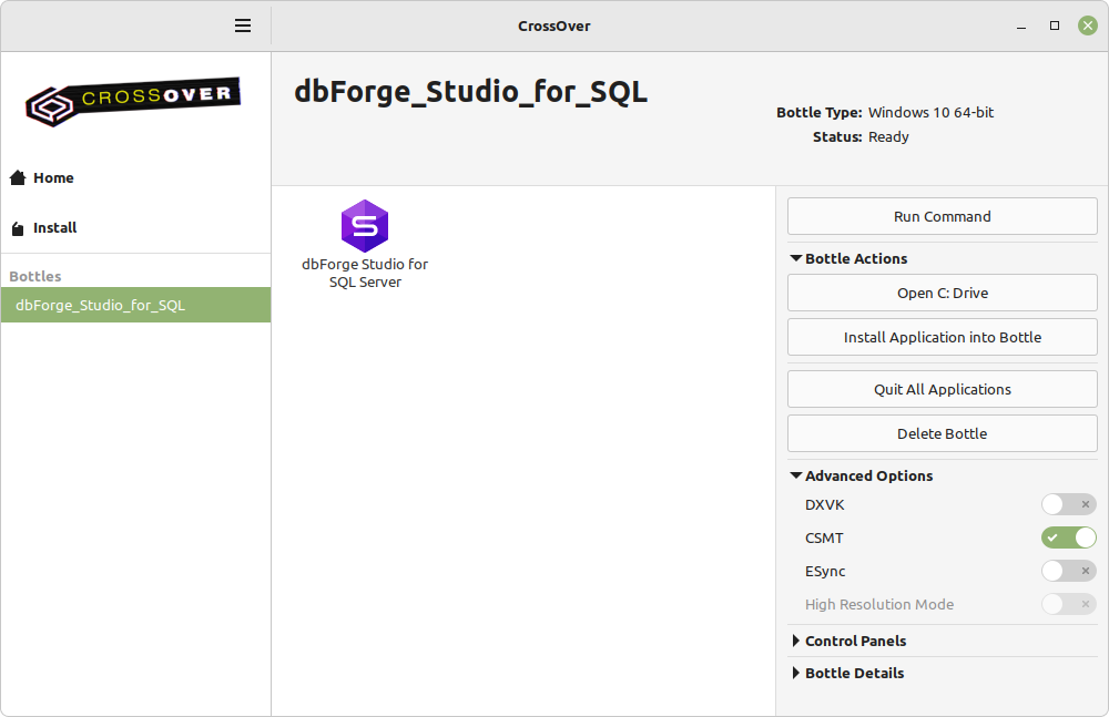 dbForge Studio for SQL installed in the bottle