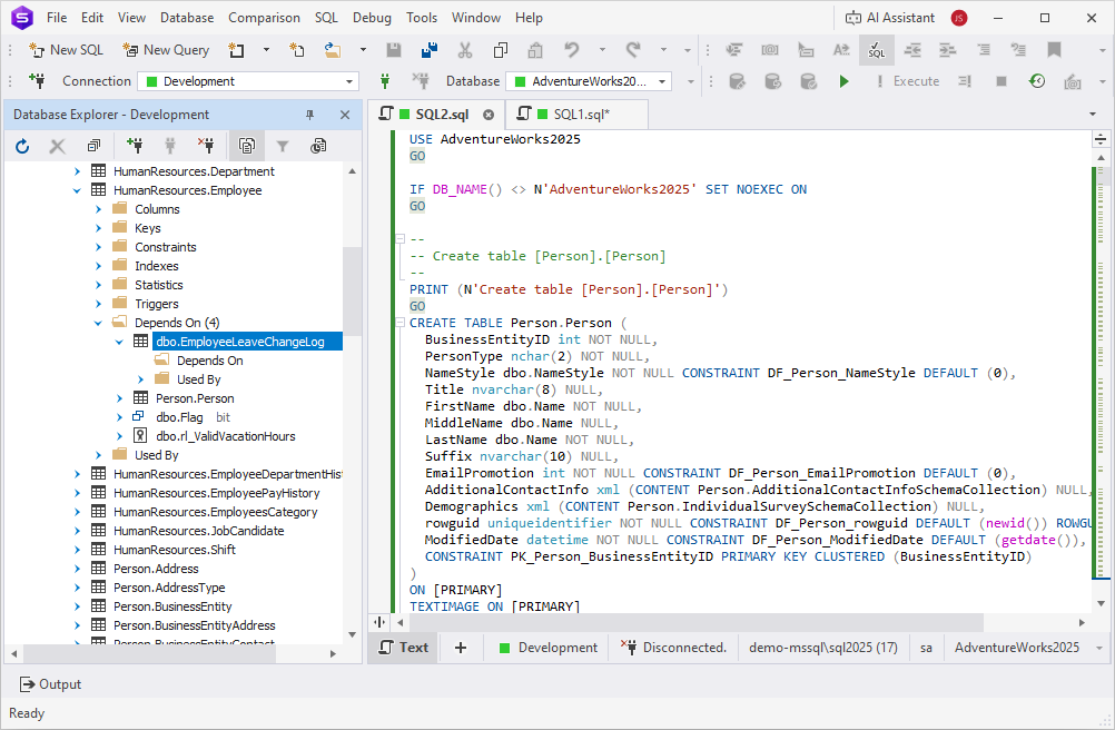 The Depends On folder for the dbo.EmployeeLeaveChangeLog table