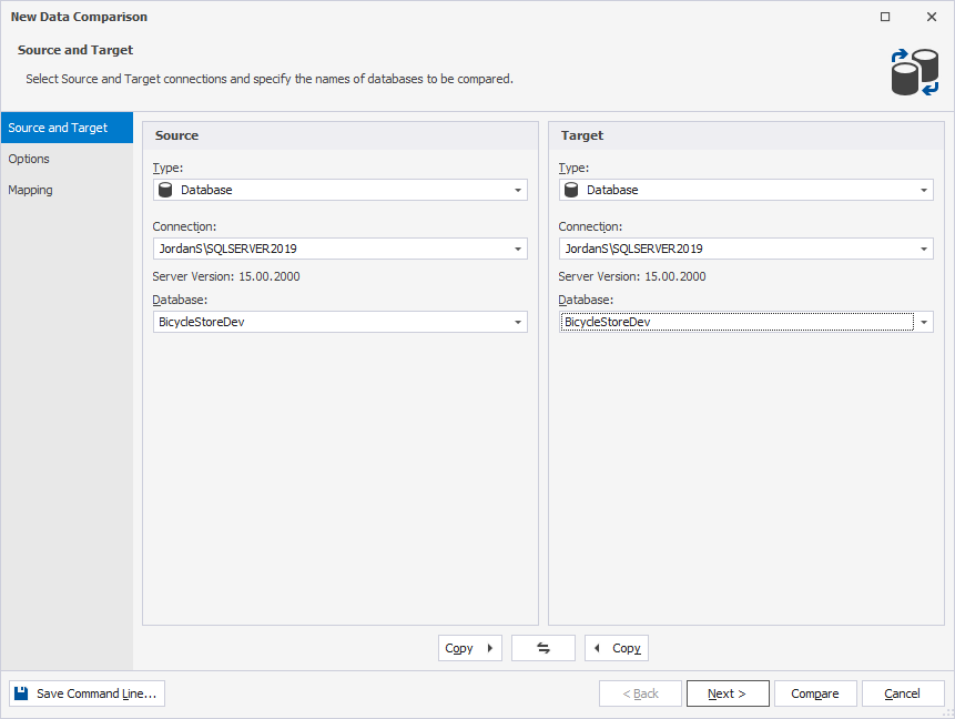 Select the source and target data sources