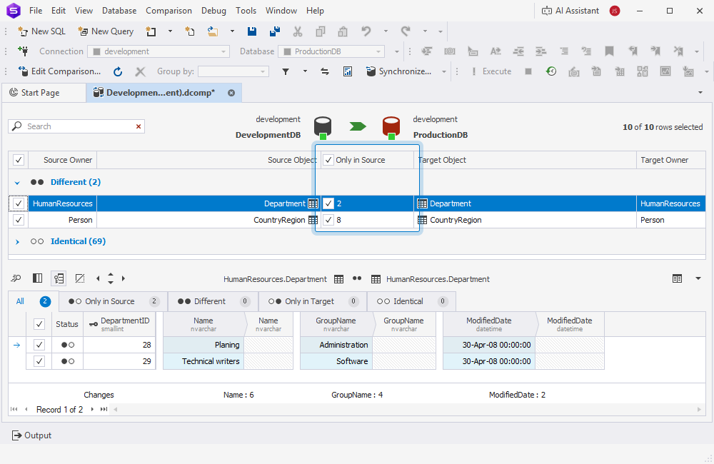 Data comparison document with the Only in Source records