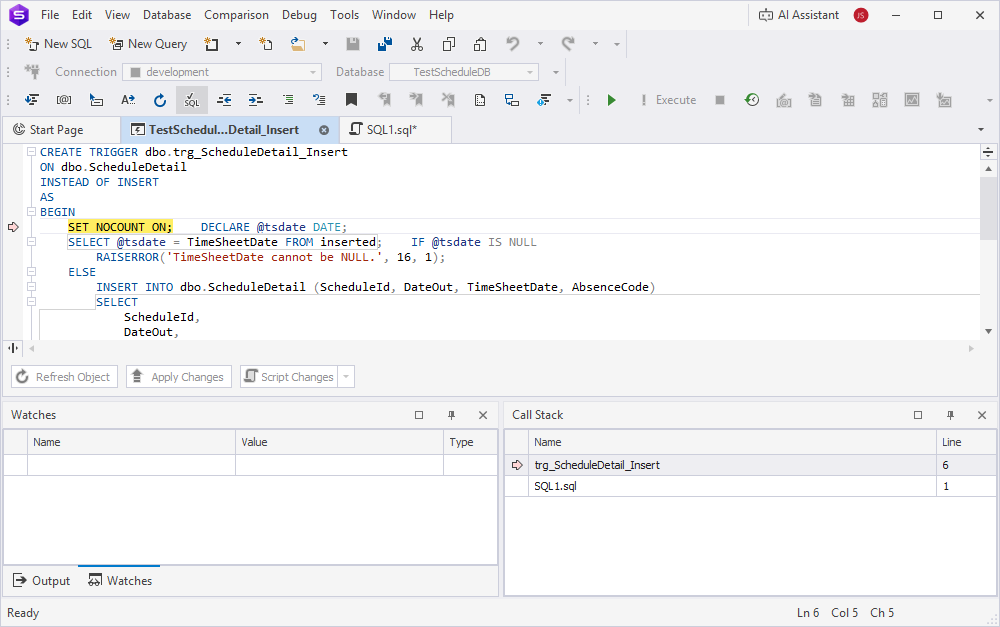 Start debugging a trigger