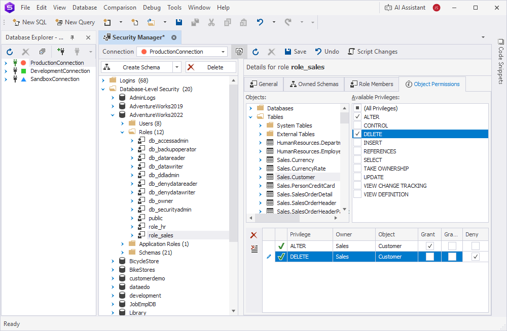 The Object Permissions tab with a Deny option selected for a privilege in the Security Manager window