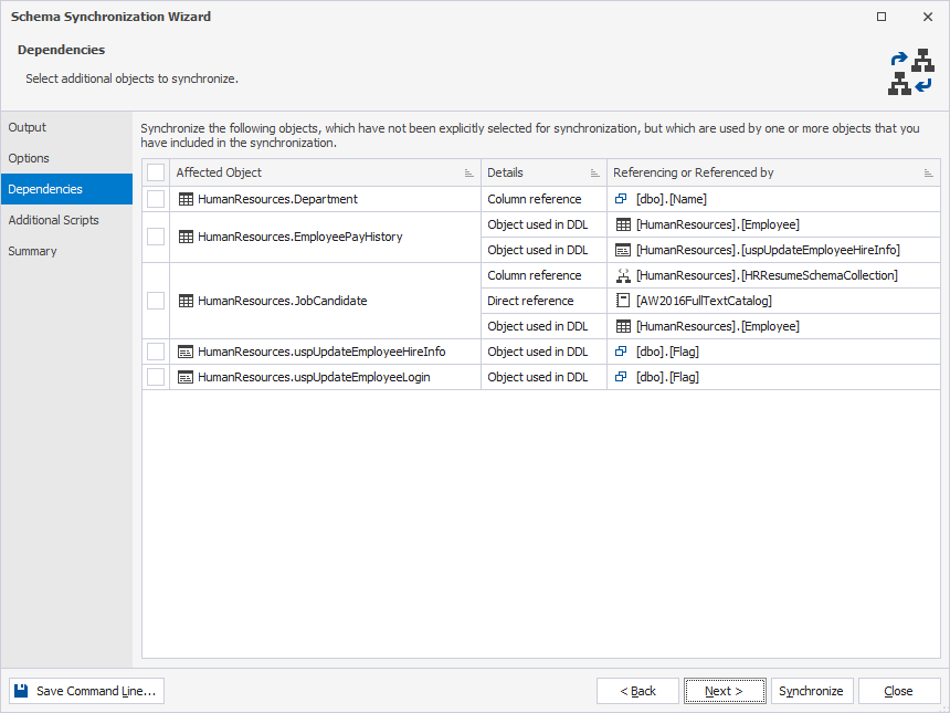 Dependencies page in the Schema Synchronization wizard