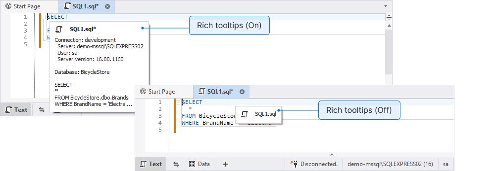 Tooltip with the enabled and disabled Display rich tooltips for documents option