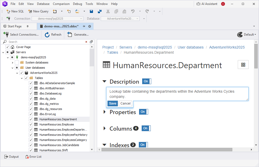 Edit the Description section for the table in the documentation