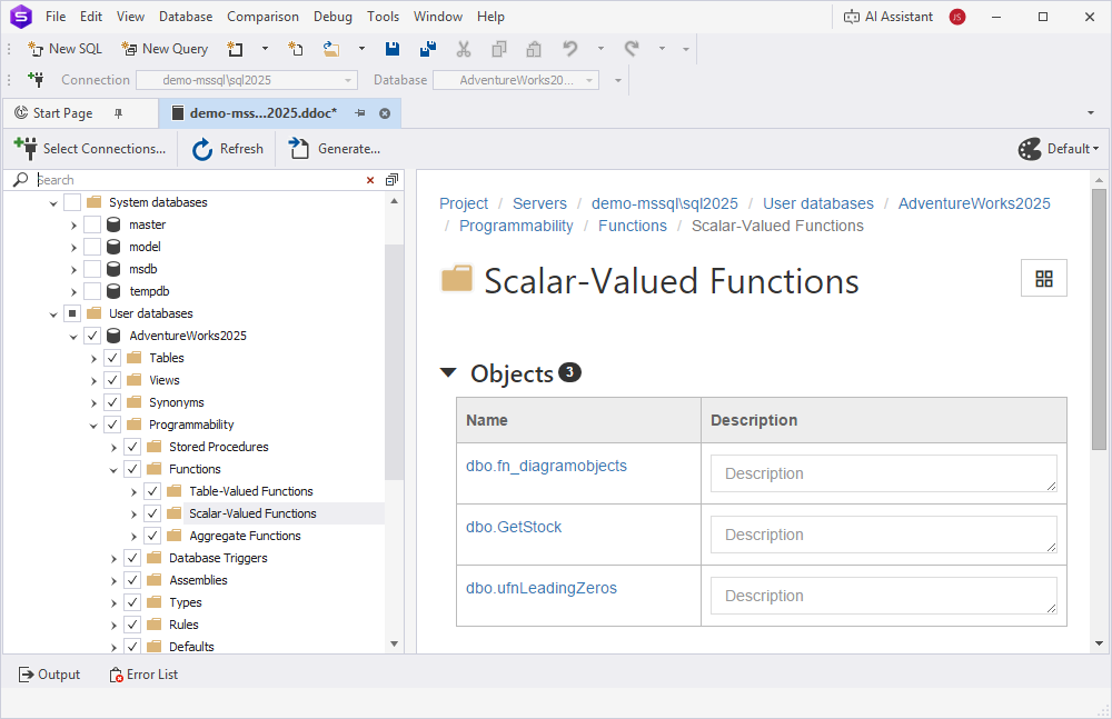 View the summary of all scalar-valued functions in the database