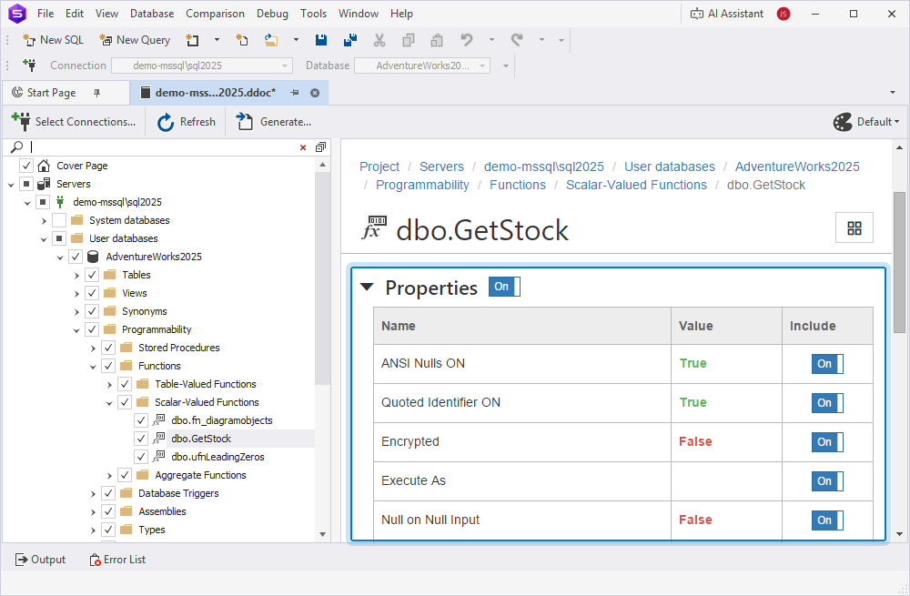 View the Properties section for the function in the documentation