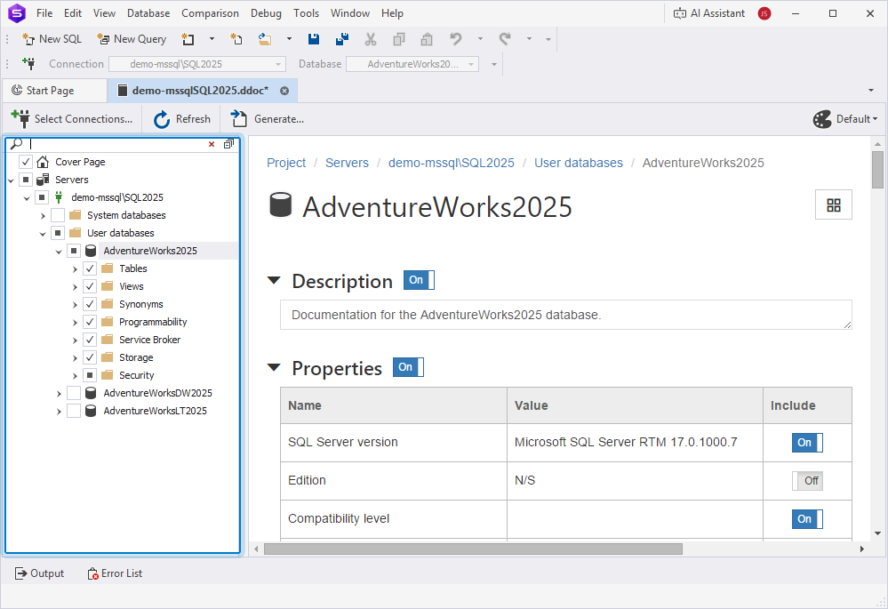 Include or exclude database objects in the database documentation tree