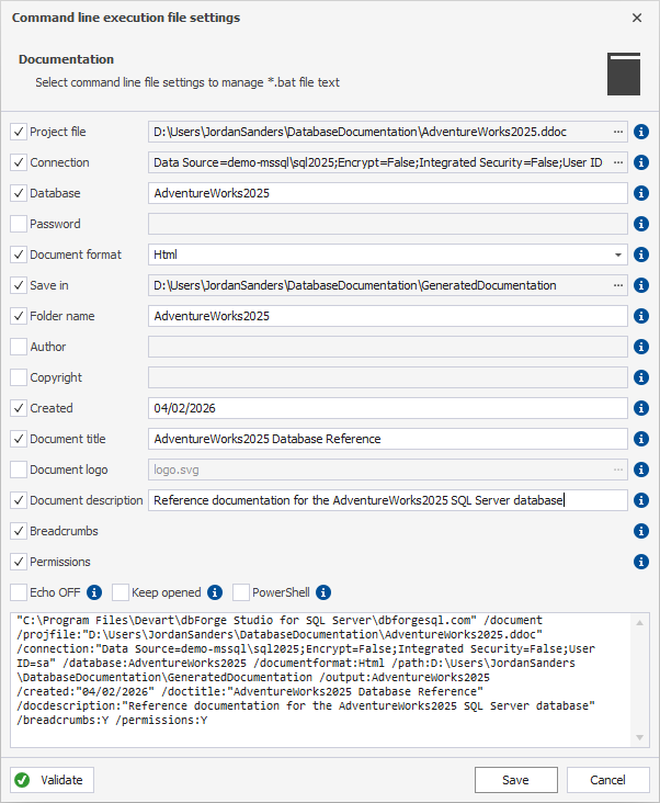 Command-line execution file settings dialog