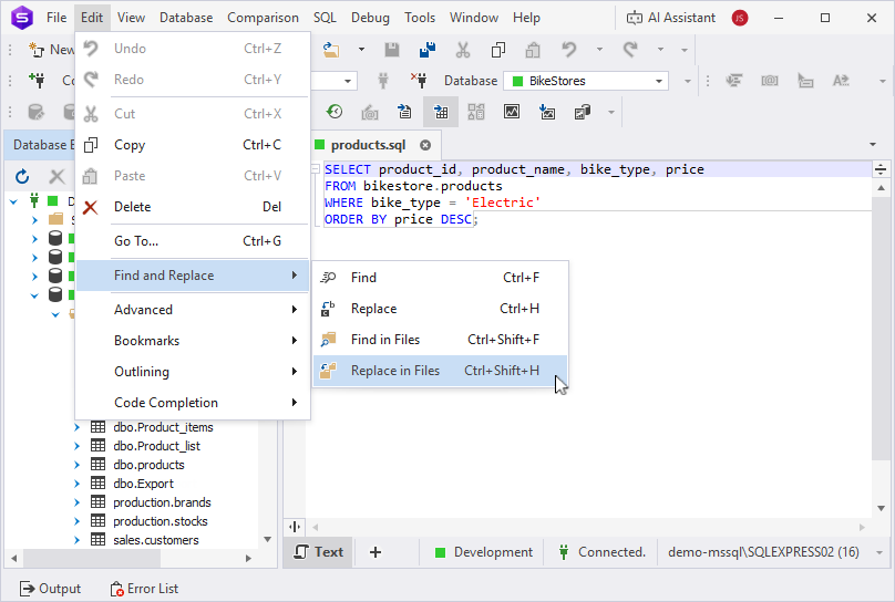 Open Find and Replace from the Edit menu