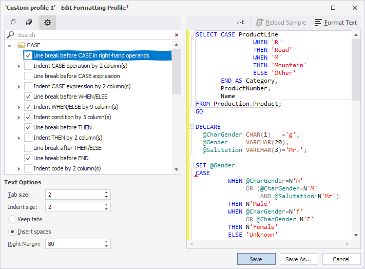 The Edit Formatting Profile window