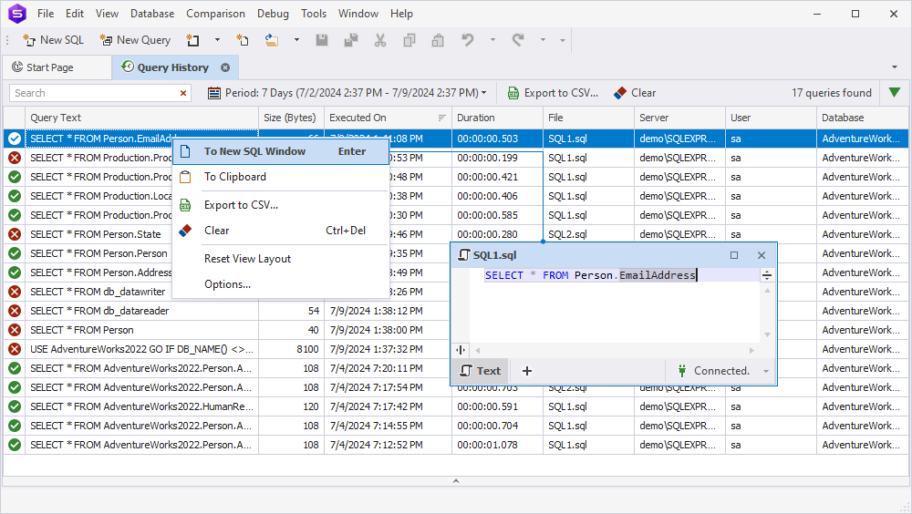 datagrip query history