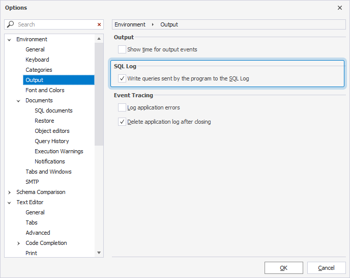 Enable the SQL log option