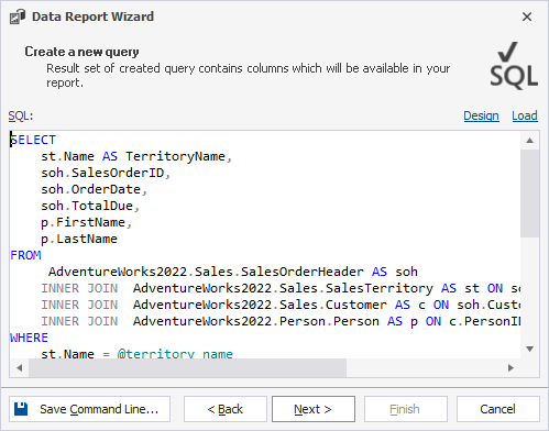 Create a new query - Data Report Wizard
