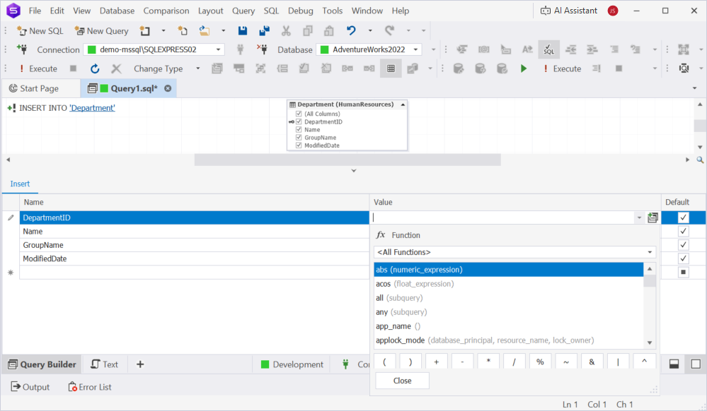 Enter values in the target table