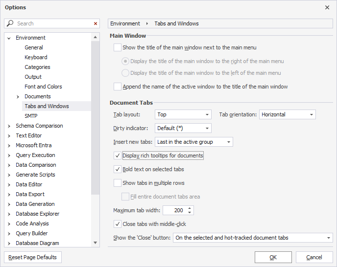 Configure tabs and windows settings