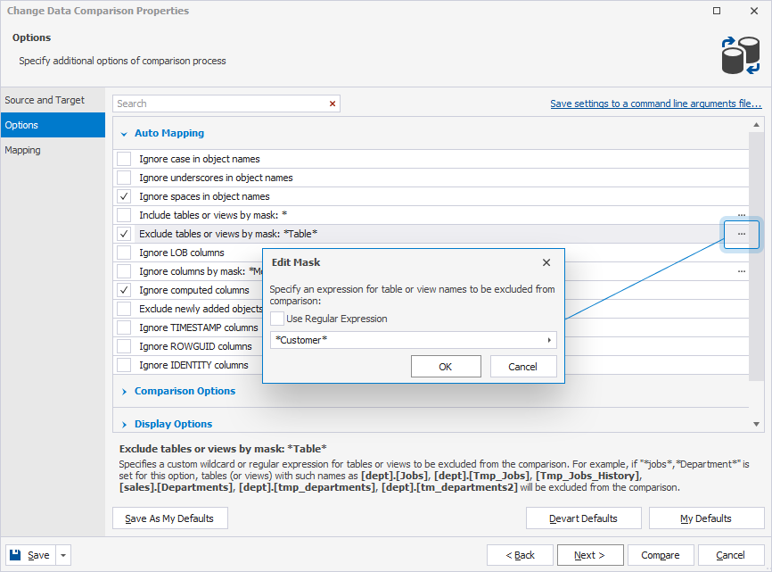 Exclude tables and views by mask