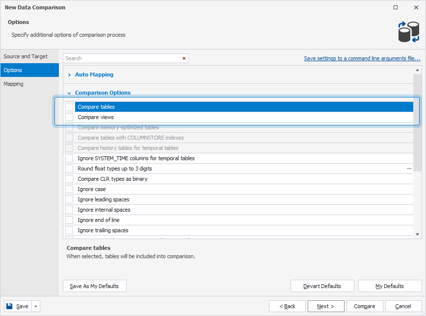 Exclude tables from the comparison